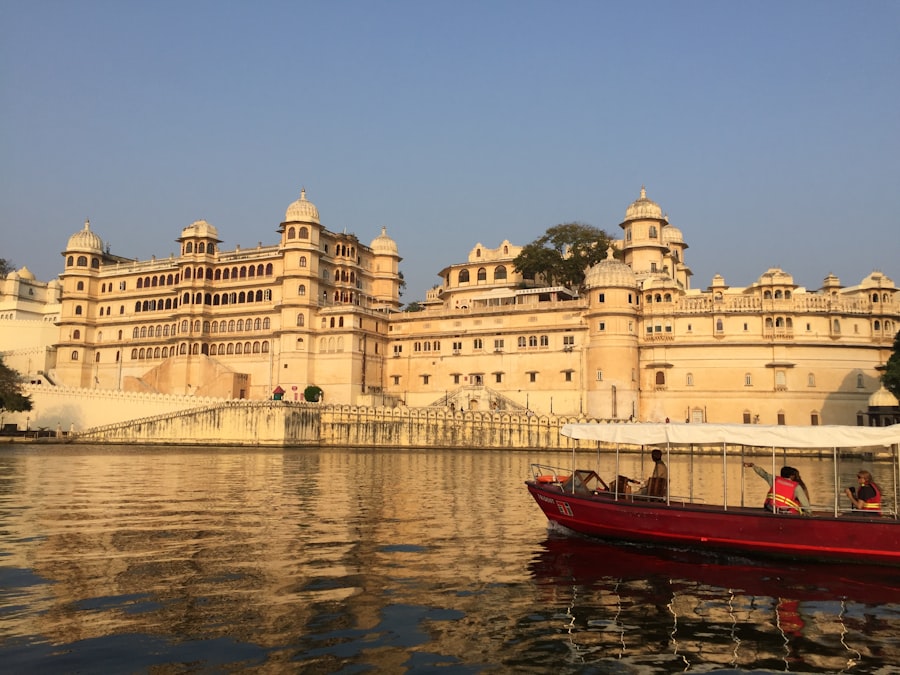 The lake palace of Udaipur reflected in still water