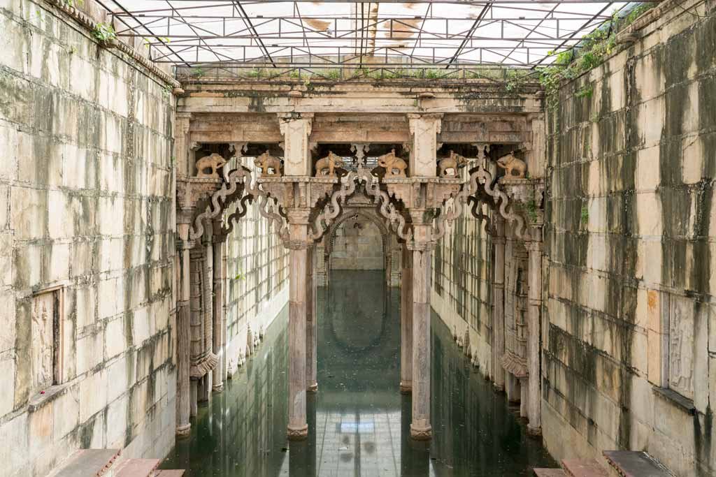 The carved stone galleries of a Rajasthani step-well