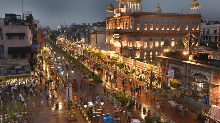 Chandni Chowk lit up at night, seen from above