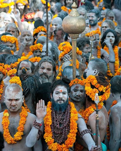 Sadhus in marigold garlands gathered at the Magh Mela