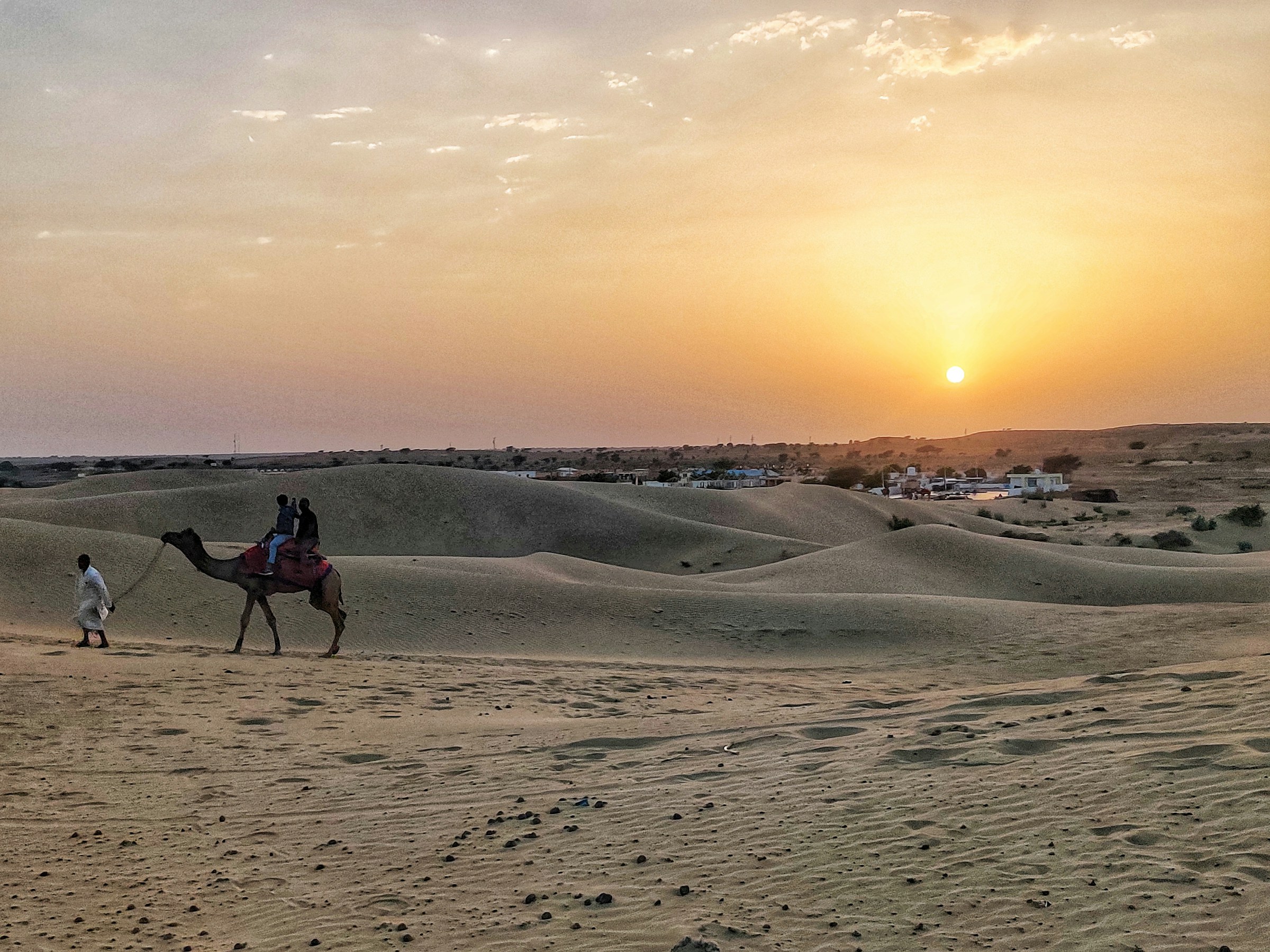 Rippled Thar dunes at last light, a camel and handler in silhouette on the ridge.